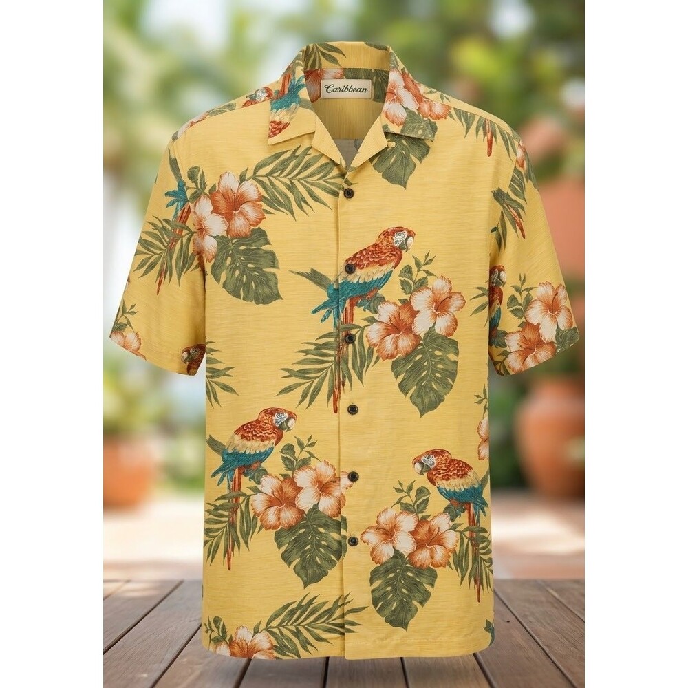 New Caribbean Roundtree Yorke M Silk Blend Hawaiian Shirt Yellow Parrot Hibiscus